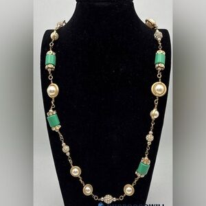 J. Crew Green Enamel and Gold Pearl-Accent Long Necklace about 43 grams and 29”